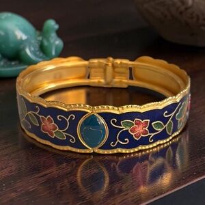 Vintage 1980’s Cloisonné Clamper Bracelet with Floral Butterfly Enamel